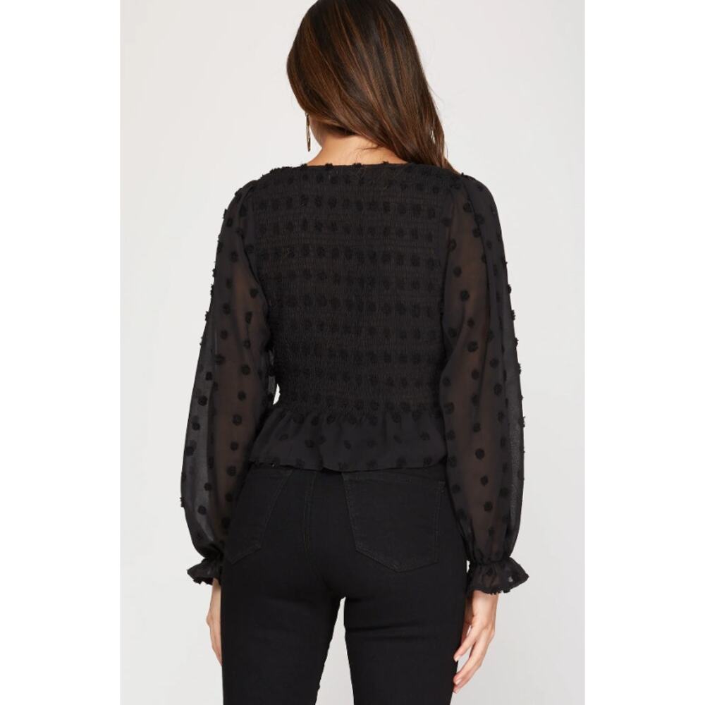 Black Sheer Polka Dot Crop Top Ruched Front Size Medium - Picture 2 of 3
